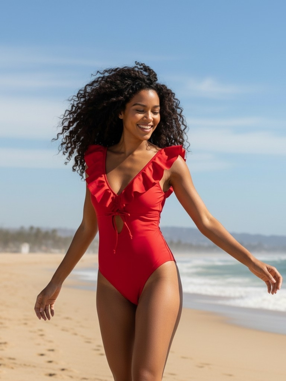 Cupshe Ruby Red Ruffled Tie Back Top Solid Color One Piece Swimsuit Large